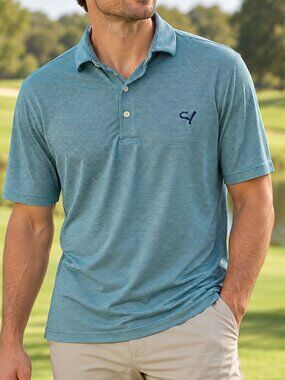 KJUS Men's Large 52 Aqua Navy Striped Golf Polo Shirt UPF 50+ Embroidered